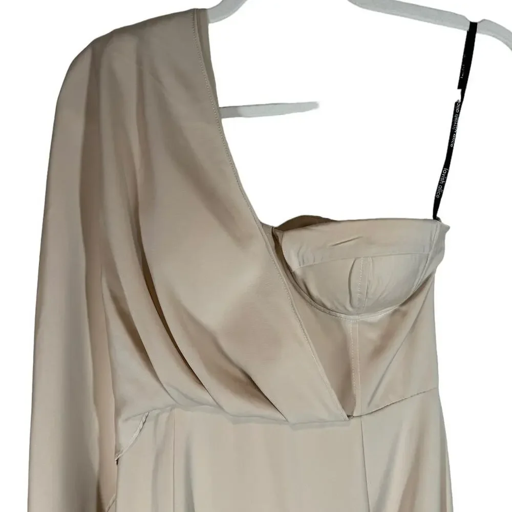 NWT Lavish Alice Corset Draped Cape Midi Dress Champagne Beige‎ Cream 4